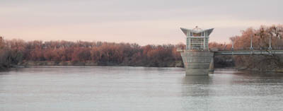 water intake on the Sacramento River at dusk