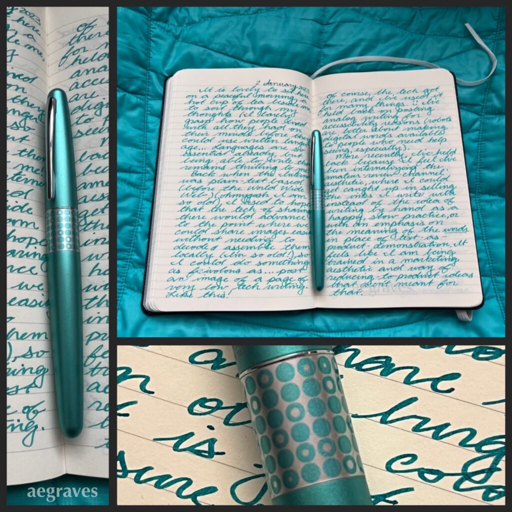 Collage of three images of a journal with a teal pen, teal ink, and teal fabric background, written and styled by A.E. Graves