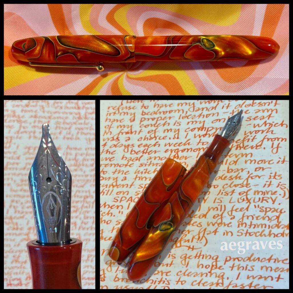 Three image collage displaying the pearly Edison Collier Persimmon Swirl fountain pen; its Goulet stub nib; and a sample of the pen open atop a page of my journal, with writing in Mandarin orange-colored ink.