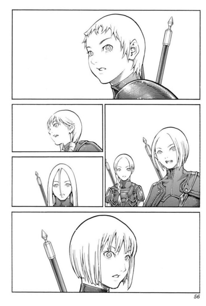 A page from Claymore, with five panels showing shocked reactions from various Claymore warrior characters.