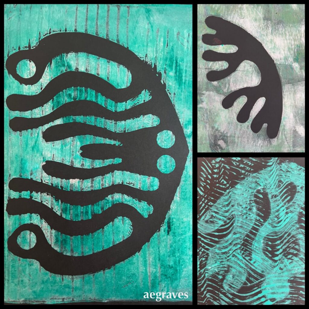 Collage of three silver-green abstract monotype prints on black paper, suggesting sea monsters, lichen, or antlers, by A.E. Graves