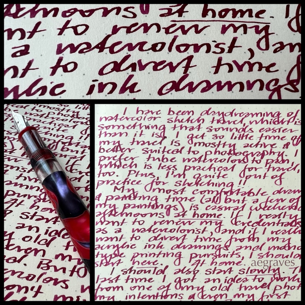 Three image collage showing Noodler's Burgundy ink samples, written on dot grid paper with a stub nib Noodler's Konrad fountain pen.