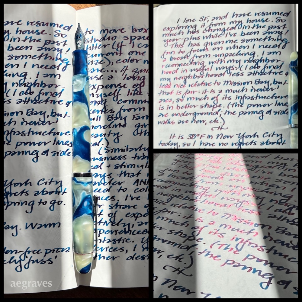 Noodler's Neponset fountain pen in blue and white pearl, with a Goulet stub nib.  Writing sample in shimmering red and blue Diamine Polar Glow ink.  Text about exploring my neighborhood after a long absence.