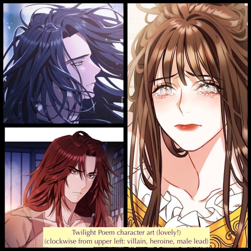 Twilight Poem character art: villain, heroine, male lead, each with their own color scheme and great hair.