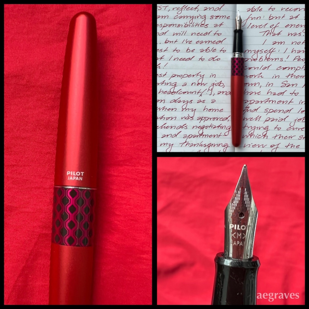 A Pilot Metropolitan in Red, with a writing sample from its smooth medium nib.