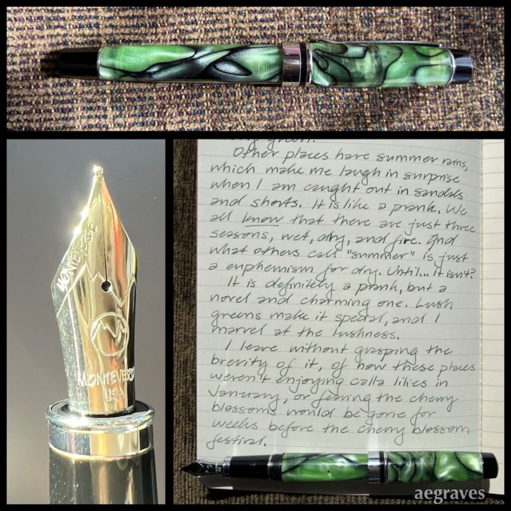 Collage of three images showing a full length Monteverde fountain pen, a close up of its nib, and a page of writing in a dusky green