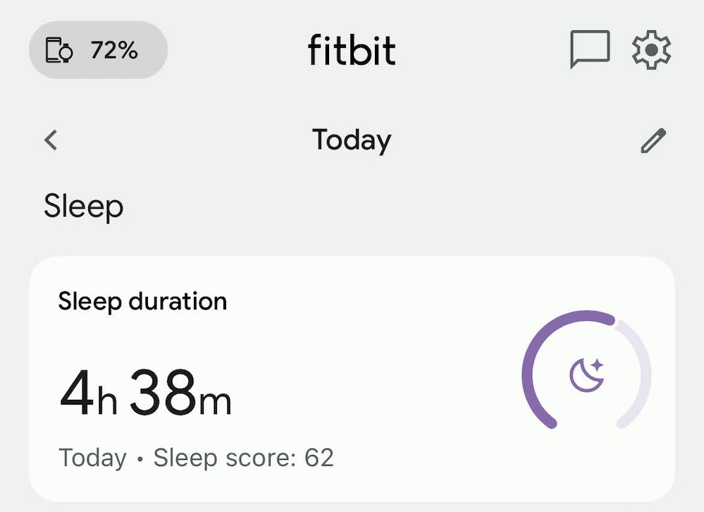 A screenshot from my fitbit showing that I enjoyed four hours and 38 minutes of sleep last night.