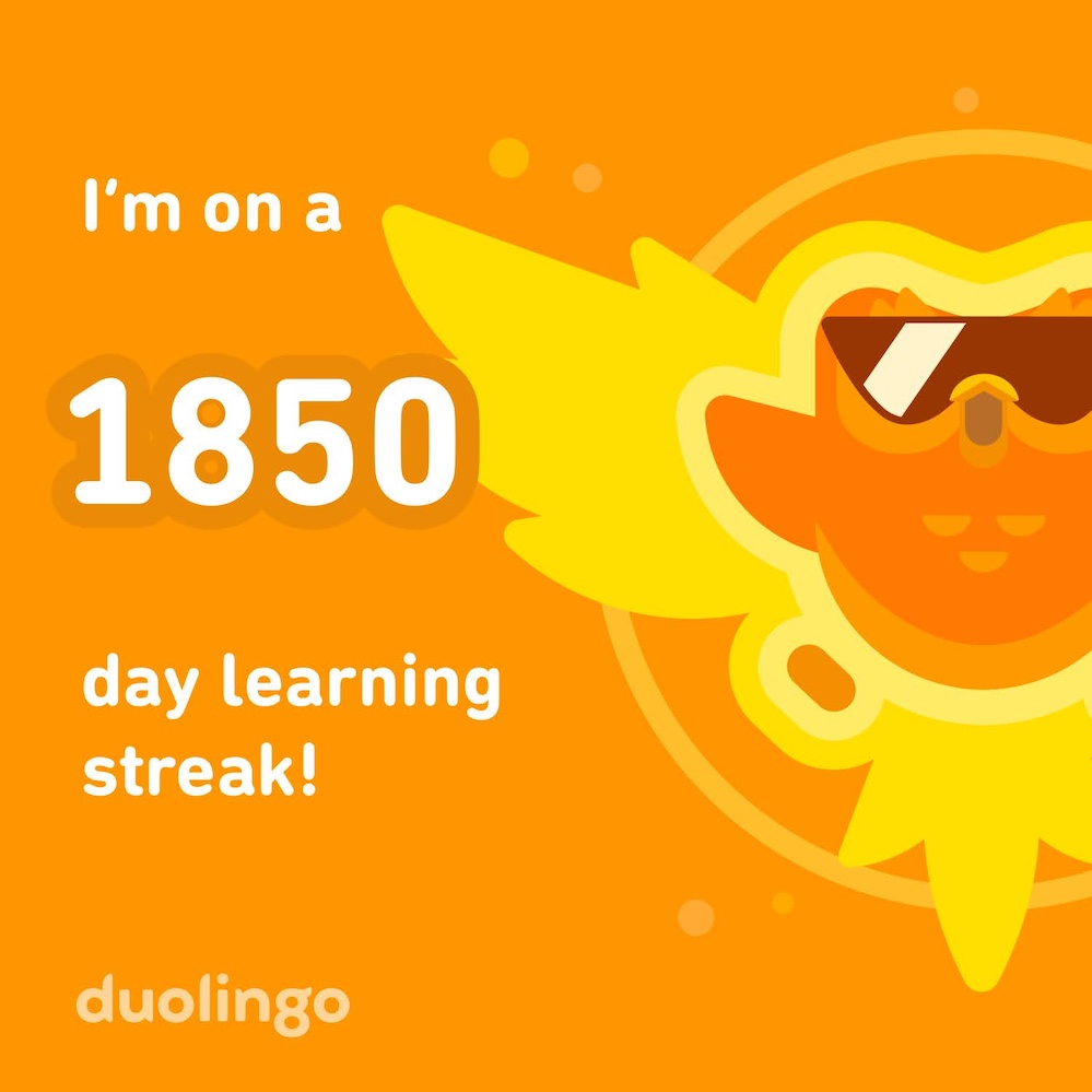 Duolingo graphic marking my 1850 day learning streak