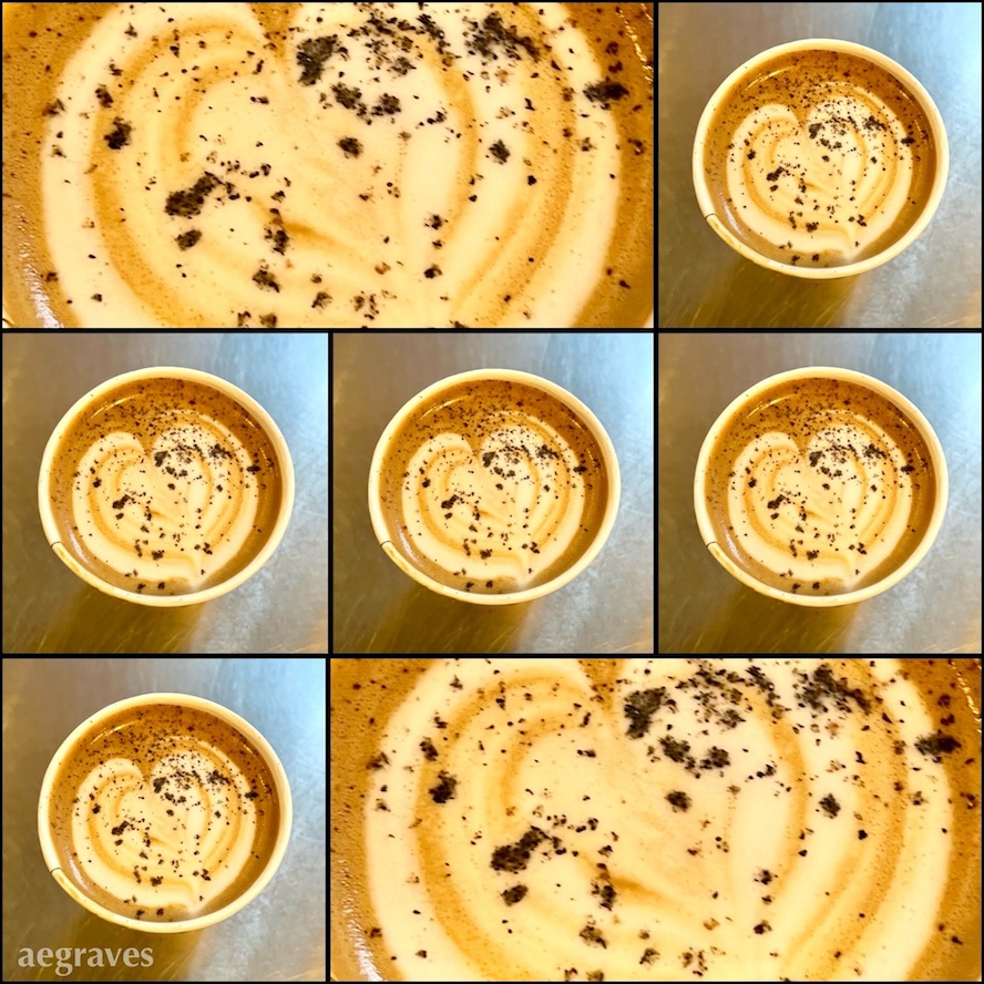 Collage of a latte with heart-shaped foam sprinkled liberally with ground black cardamom