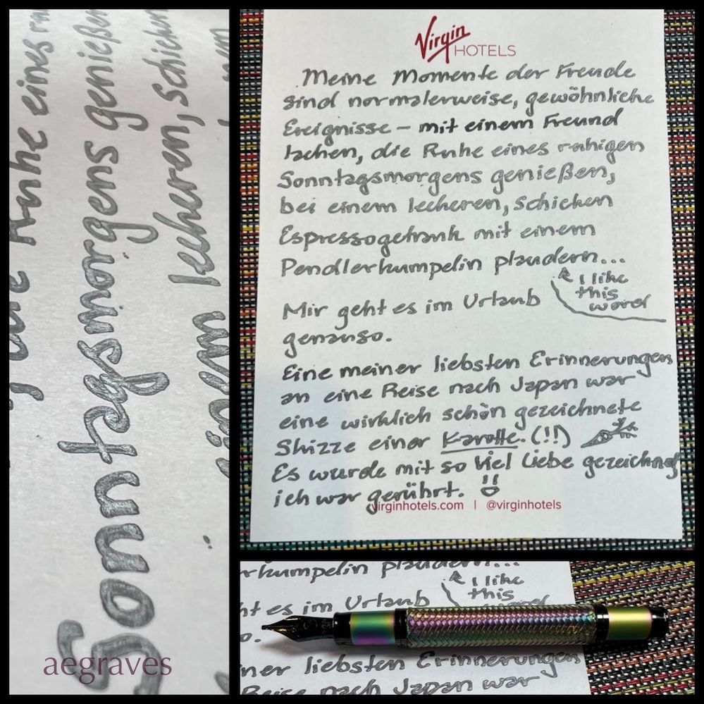 Three image collage of writing with Monteverde Lightning ink in black.  A silver sheen is plainly visible in the writing samples.