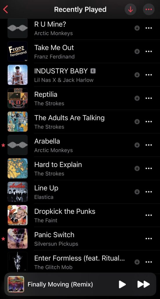 Screenshot of recently played songs on my iPhone's Apple Music list from my library.  Details in body of post