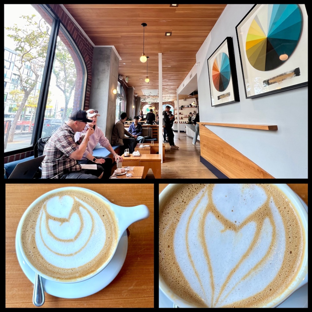 Three image collage: interior of Verve coffee, plus two latte foam images