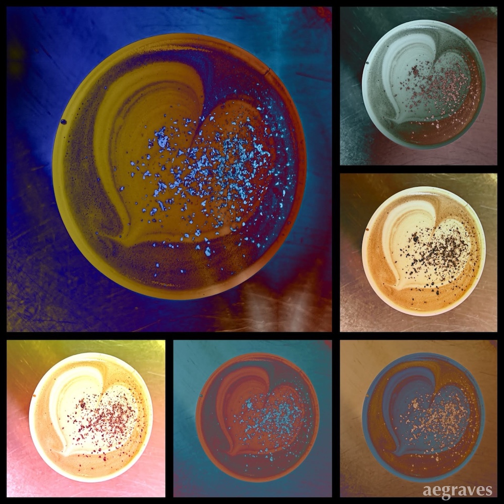 Collage of colorfully filtered images of a latte with a heart on the foam and black cardamom sprinkles