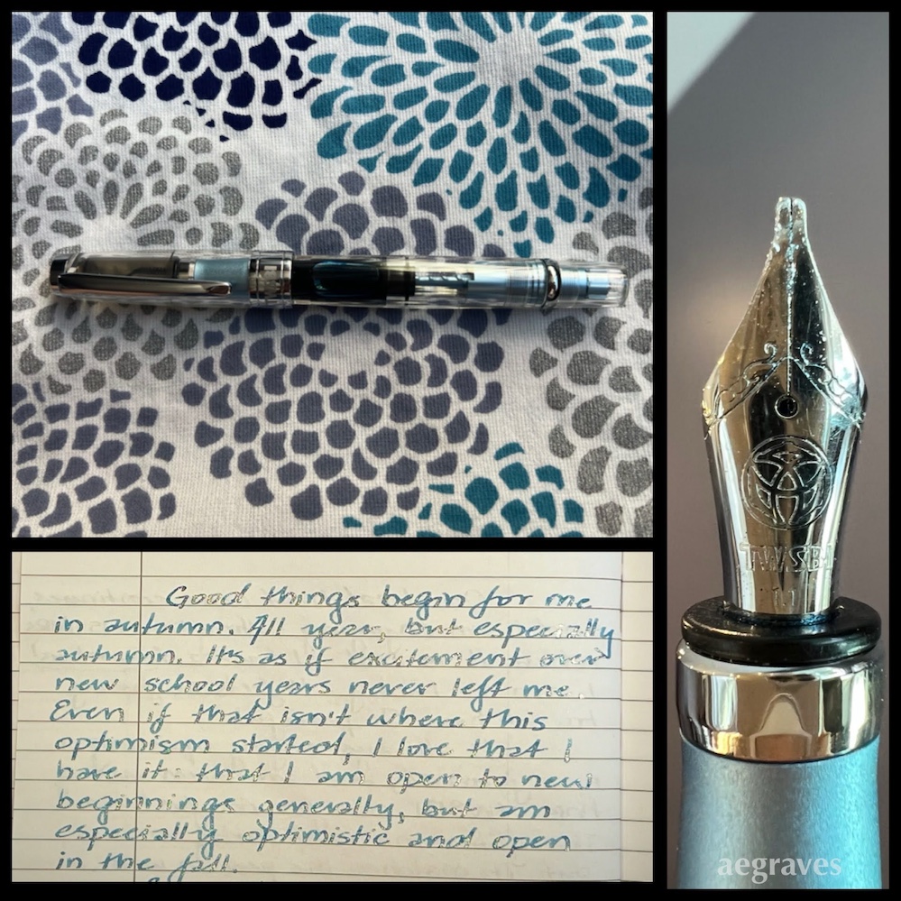 A collage of my TWSBI fountain pen and a writing sample in Diamine Glacier ink