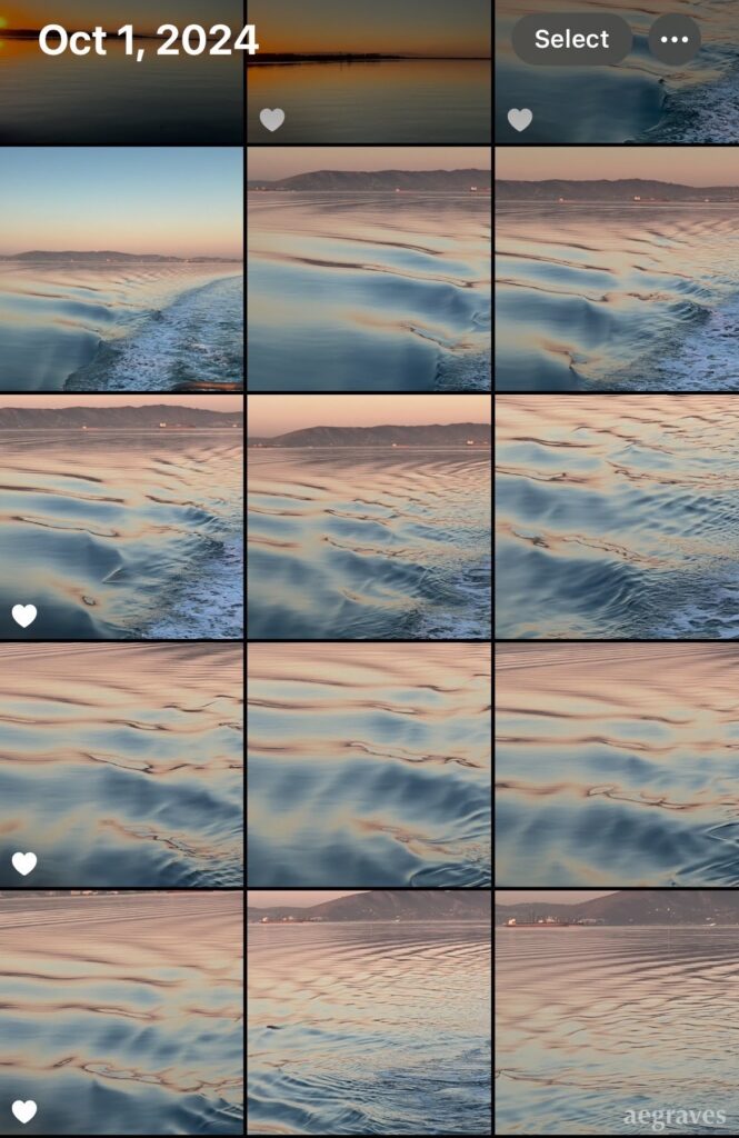 Screenshot of an iphone displaying a preview grid of reflections of blue and brown (from pollution) on water