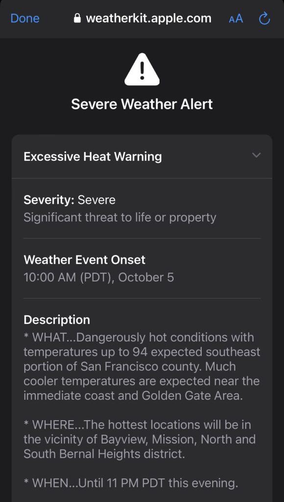 Screenshot of NWS heat warning for San Francisco on October 5, 2024