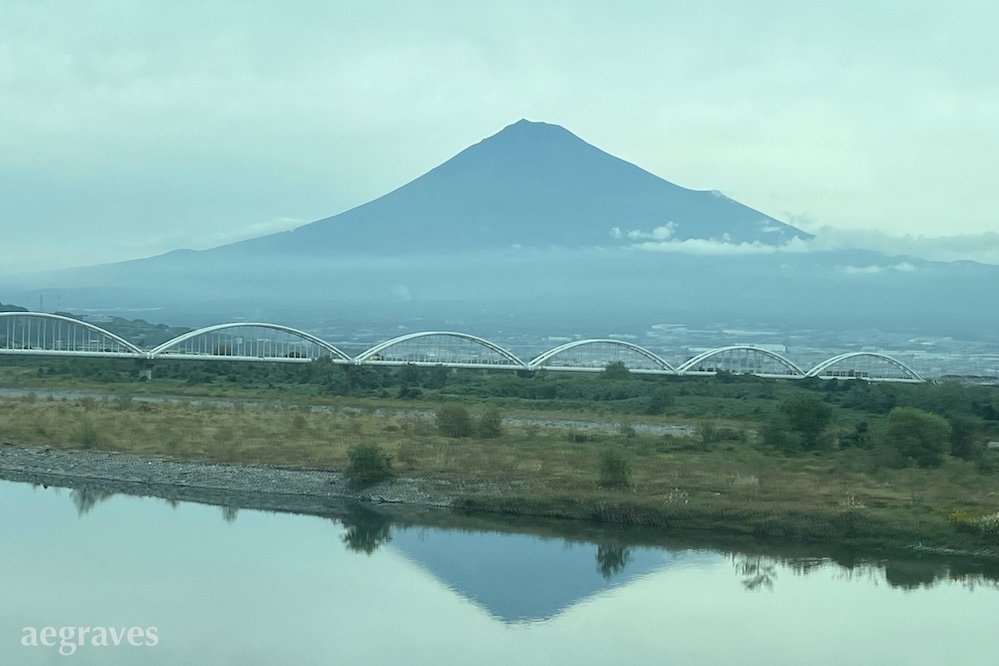 Image of Mt. Fuji reflected in a river on a cloudy day.