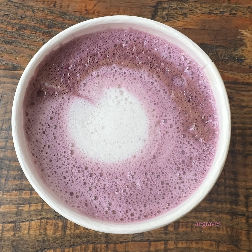 Top view of an ube latte at Signal Coffee Roasters.