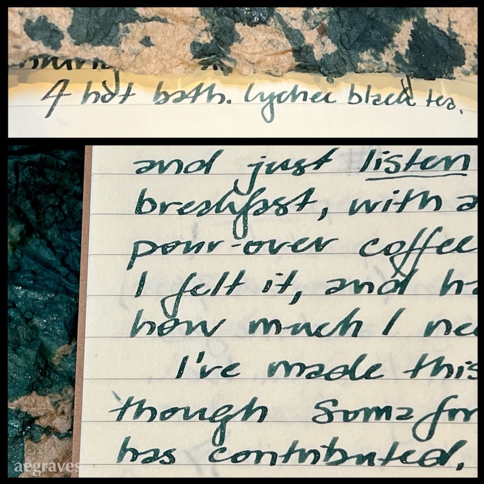 Two images with sample, handwritten text in green, lightly shimmery ink. with ink-stained paper nearby to bring out the color.