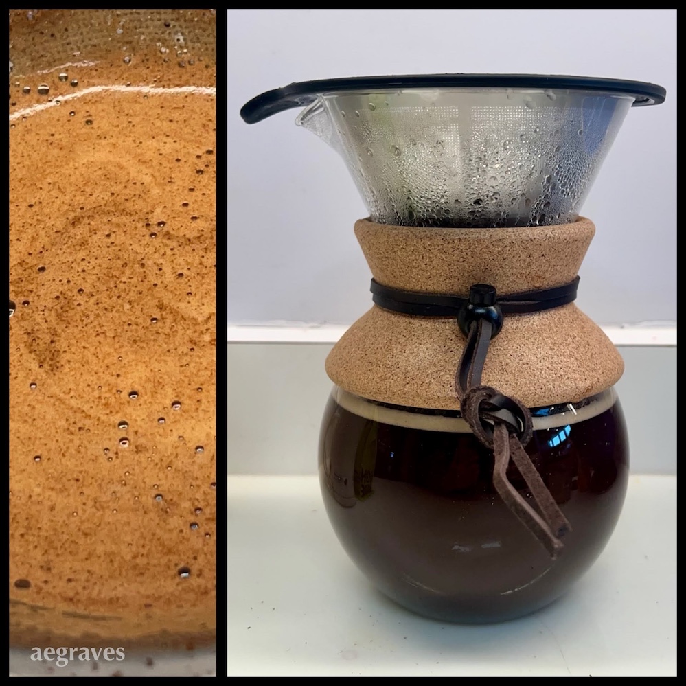 Image of the crema-like froth of the coffee while brewing; image of the pour-over device filled with dark, rich, brewed coffee