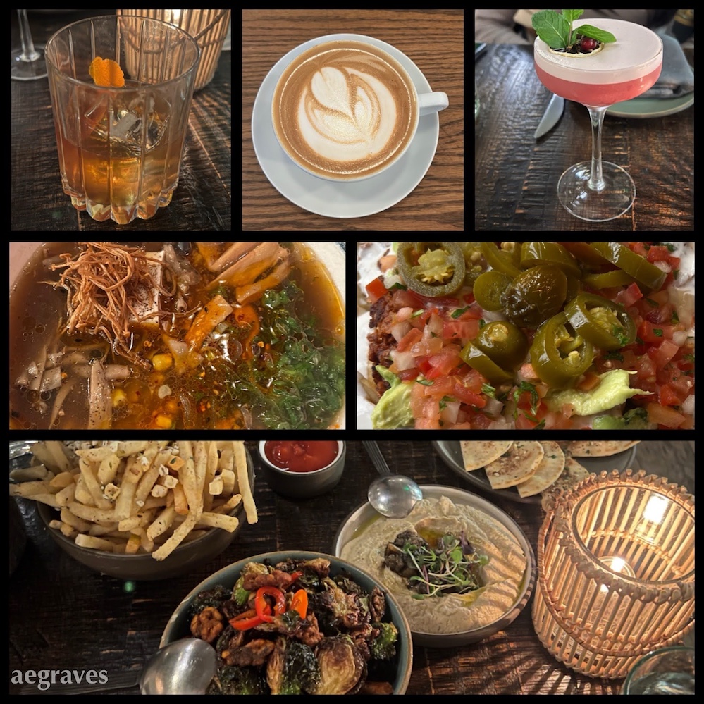 Collage of images: top row: cocktail in a highball glass, latte with dove-like foam, pink foamy cocktail; middle row: ramen with veggies, vegan nachos; bottom row: herb dusted fries, harissa ketchup, roasted brussel sprouts, baba ganoush, pita, and a candle in a wicker cage.