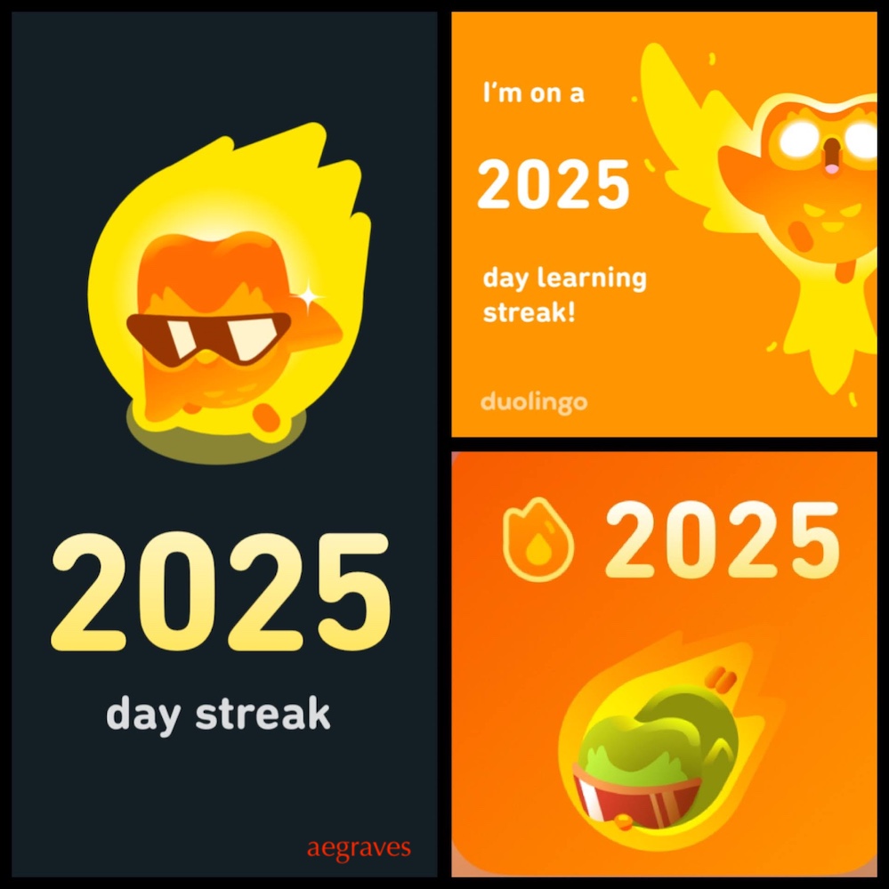 collage of three Duolingo graphics indicating a 2,025 day lesson streak