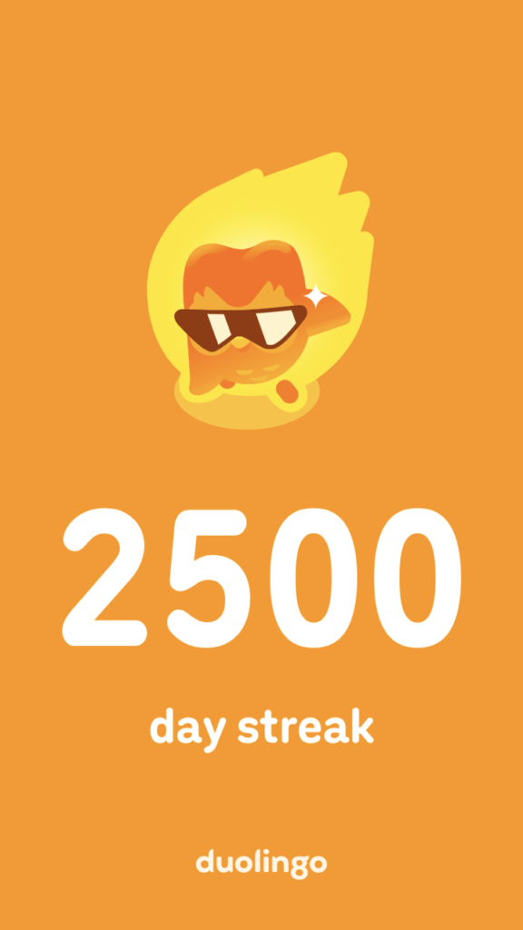 Duolingo graphic indicating a 2500 day study streak