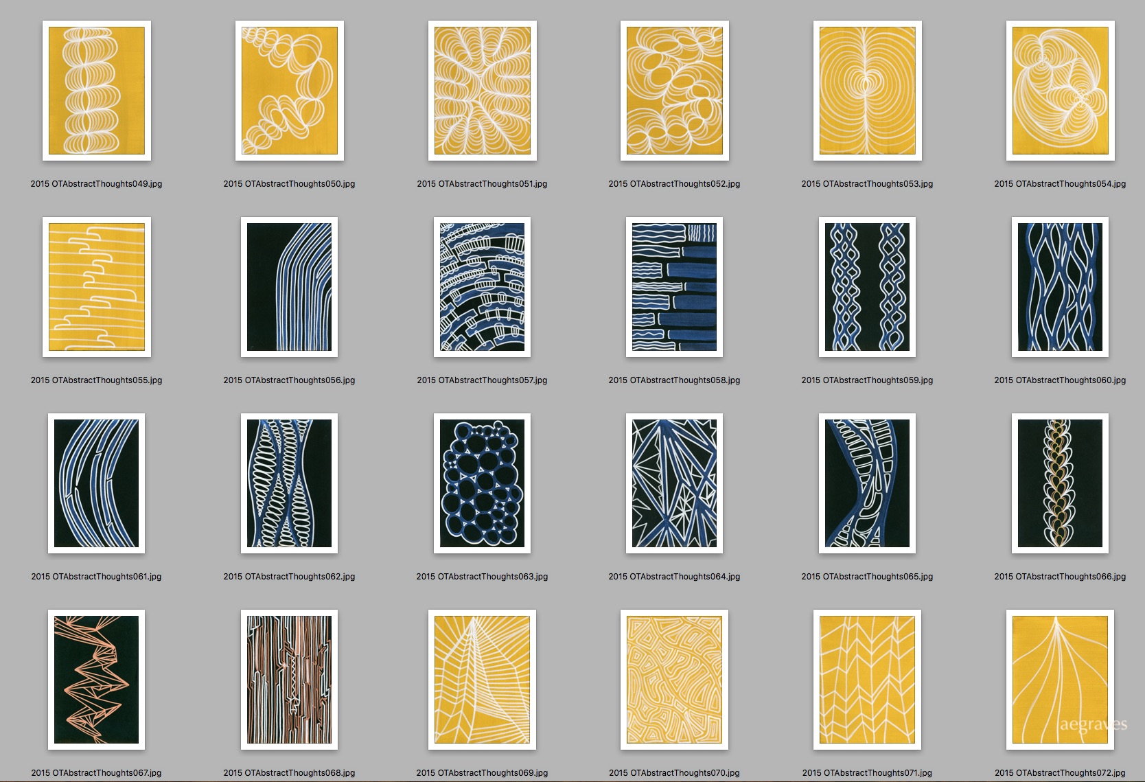 screenshot of acrylic ink drawings by A.E. Graves
