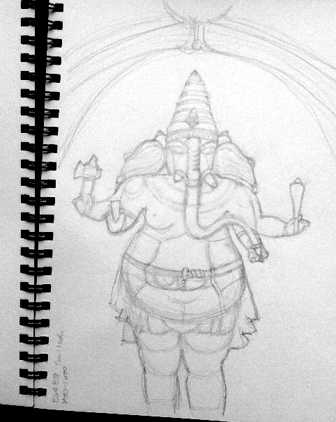 pencil sketch of Ganesha sculpture by A.E. Graves